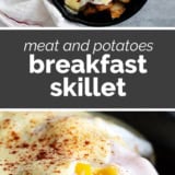 Meat and Potatoes Breakfast Skillet collage with text bar in the middle.