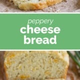 Peppery Cheese Bread collage with text bar in the middle.