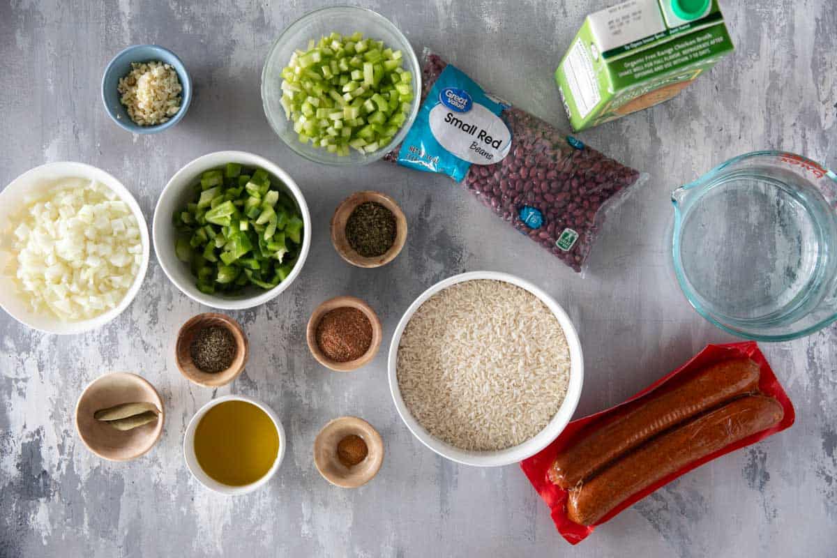 Ingredients to make Red Beans and Rice with Sausage.