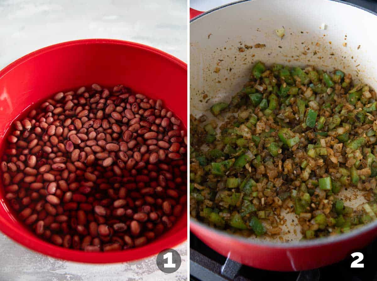 Soaking red beans, and sautéing vegetables for red beans and rice.