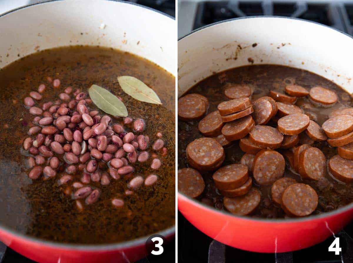 Adding beans and sausage to a dutch oven.