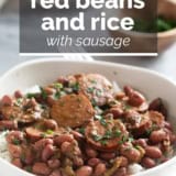 Red Beans and Rice with Sausage with text overlay.