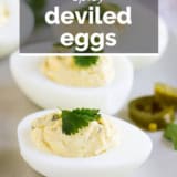 Spicy Deviled Eggs with text overlay.