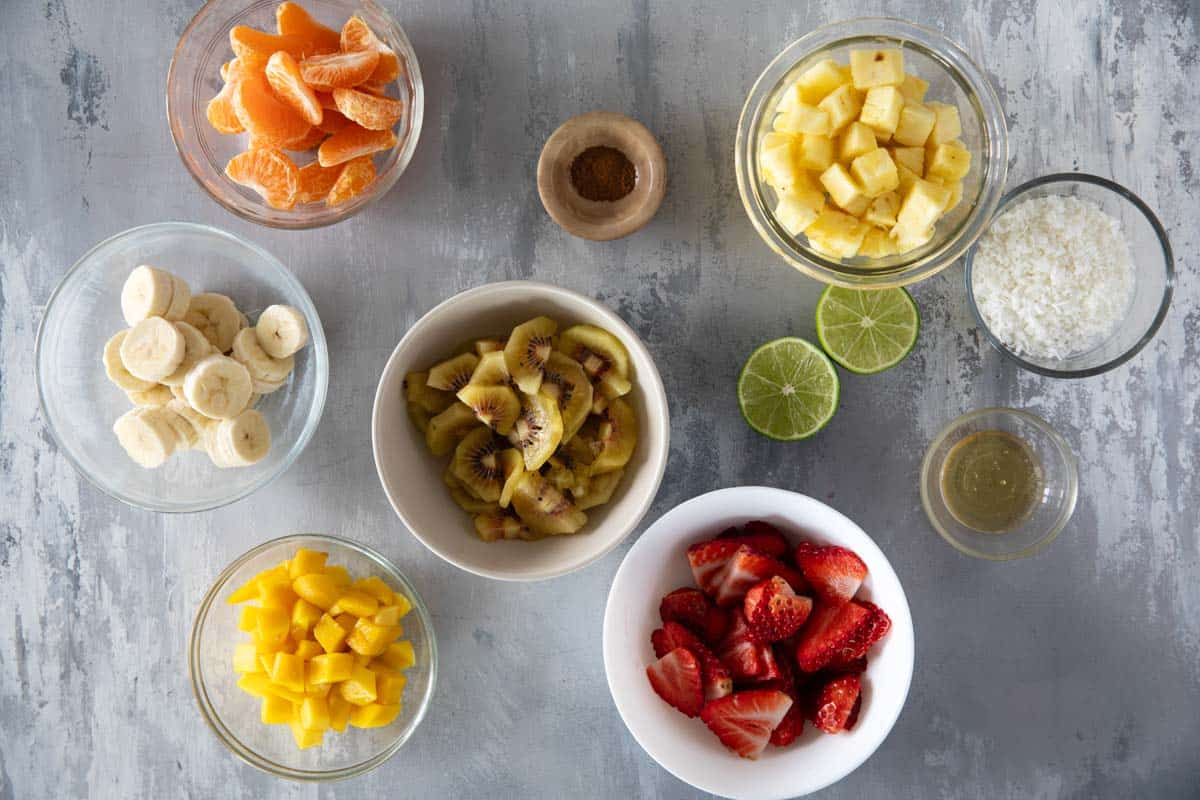 Ingredients to make Tropical Fruit Salad.