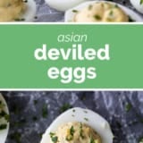 Asian Deviled Eggs collage with text bar in the middle.
