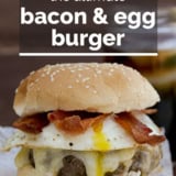 Bacon and Egg Burger with text overlay.