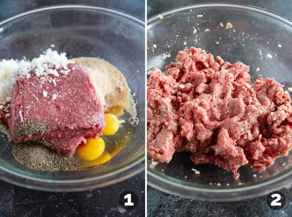 Combining ingredients for baked meatballs.
