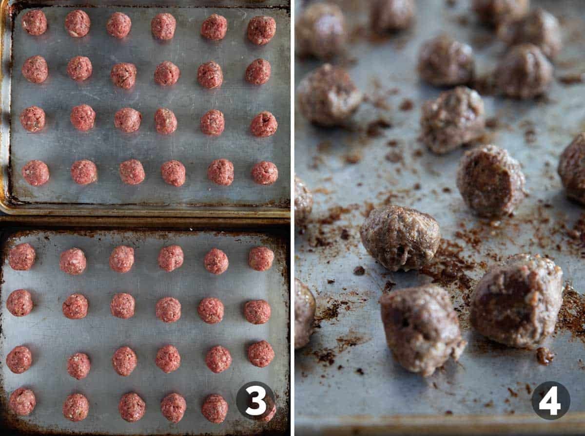 Shaping meatballs on baking sheets, and baking meatballs.
