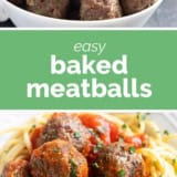 Baked Meatballs collage with text bar in the middle.