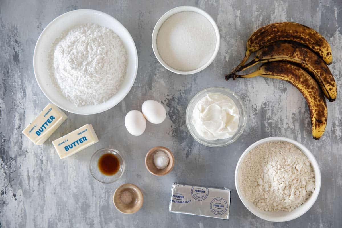 Ingredients for Banana Cake with Cream Cheese Frosting.