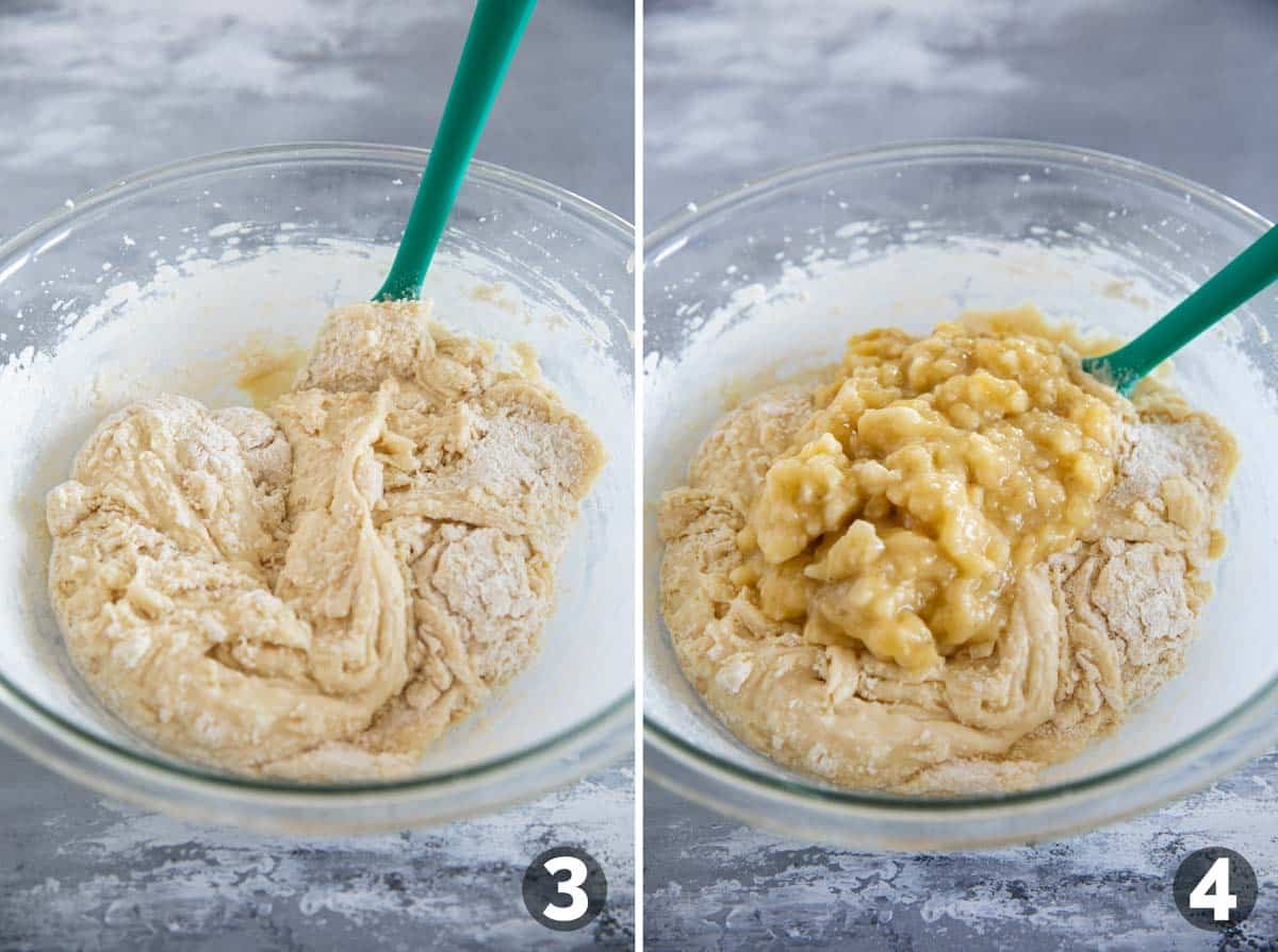 Stirring ingredients for banana cake batter.