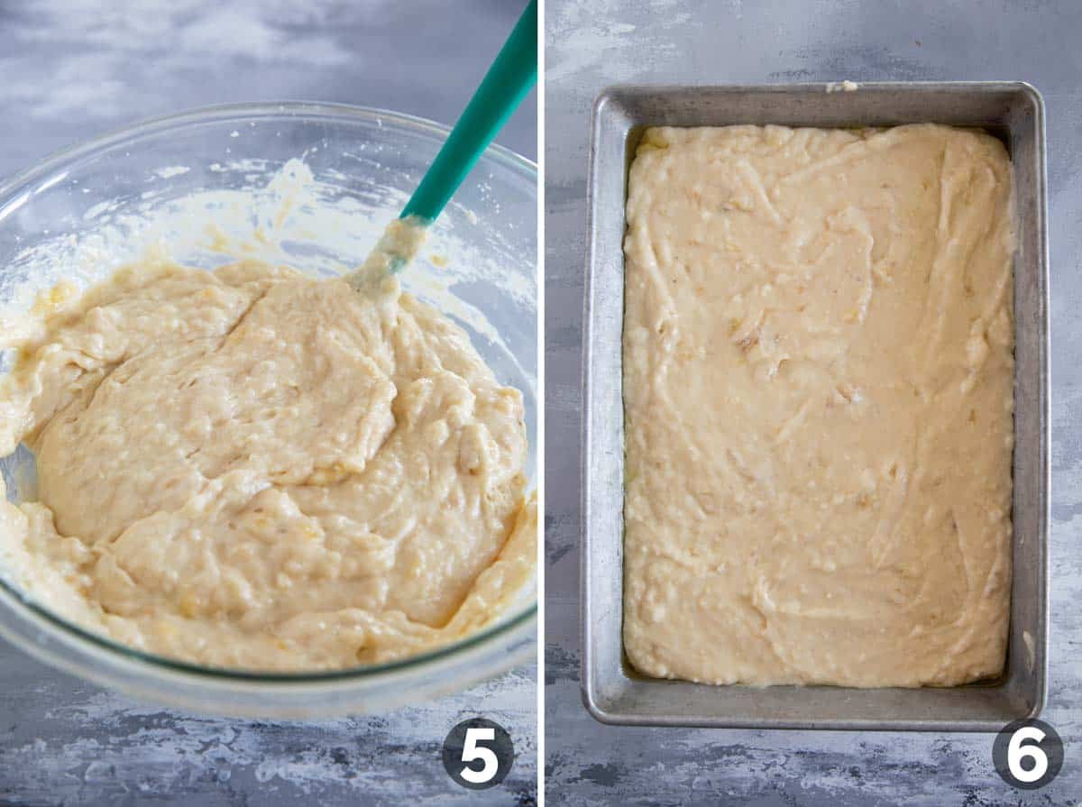 Banana Cake batter in a bowl, and banana cake in a cake pan.