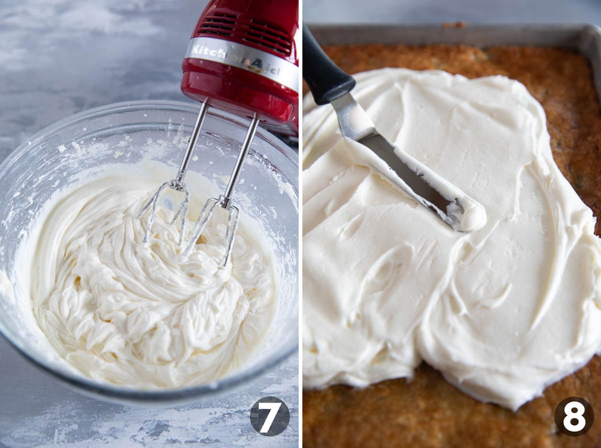 Making cream cheese frosting and spreading on top of a banana cake.