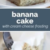 Banana Cake with Cream Cheese Frosting collage with text bar in the middle.