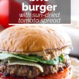 Brie Burger with Sun-Dried Tomato and Artichoke Spread with text overlay.