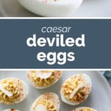Caesar Deviled Eggs collage with text bar in the middle.
