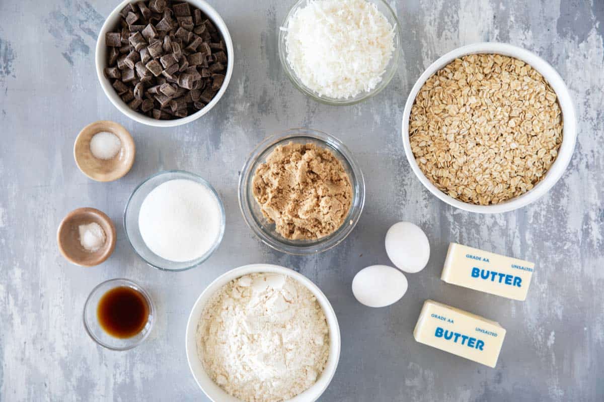 Ingredients for Chocolate Chunk Oatmeal Coconut Cookies.