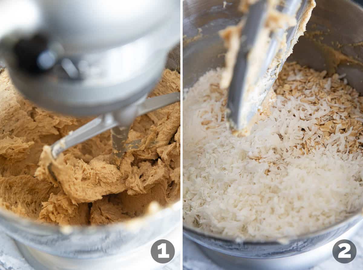 Adding ingredients to a mixer for chocolate chunk oatmeal coconut cookies.