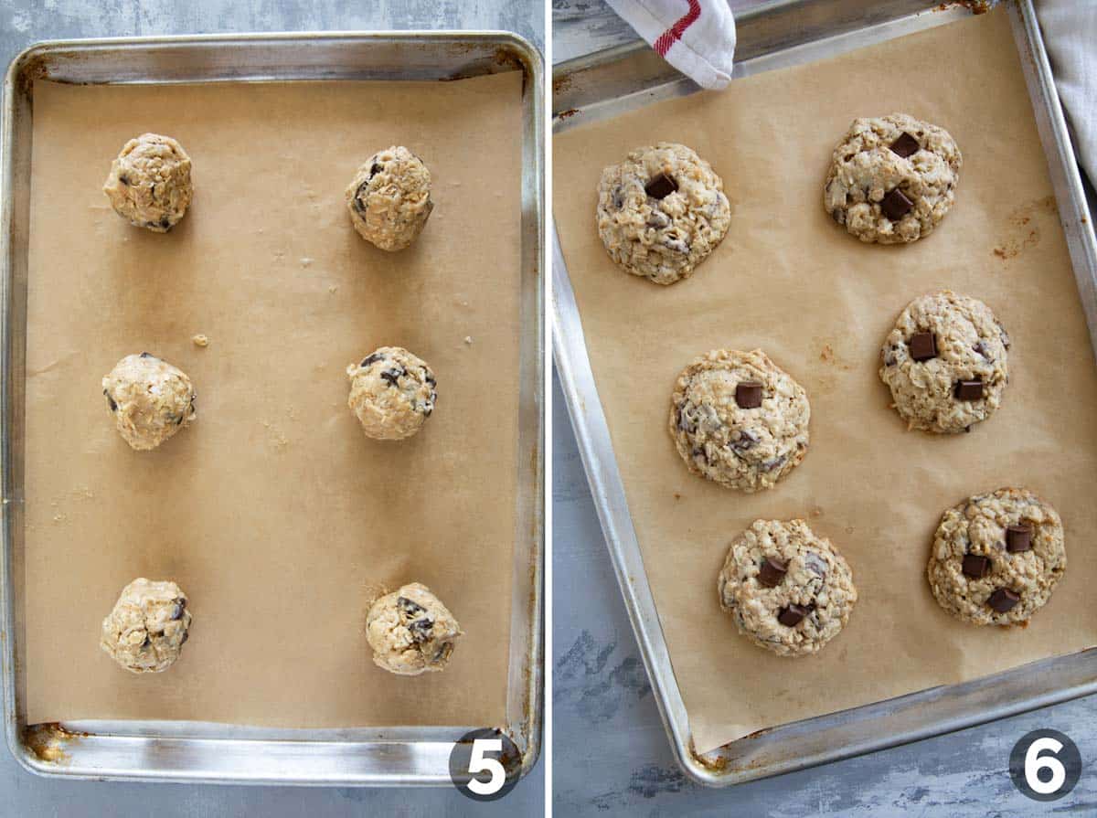 Cookie dough and baked cookies on a cookie sheet.