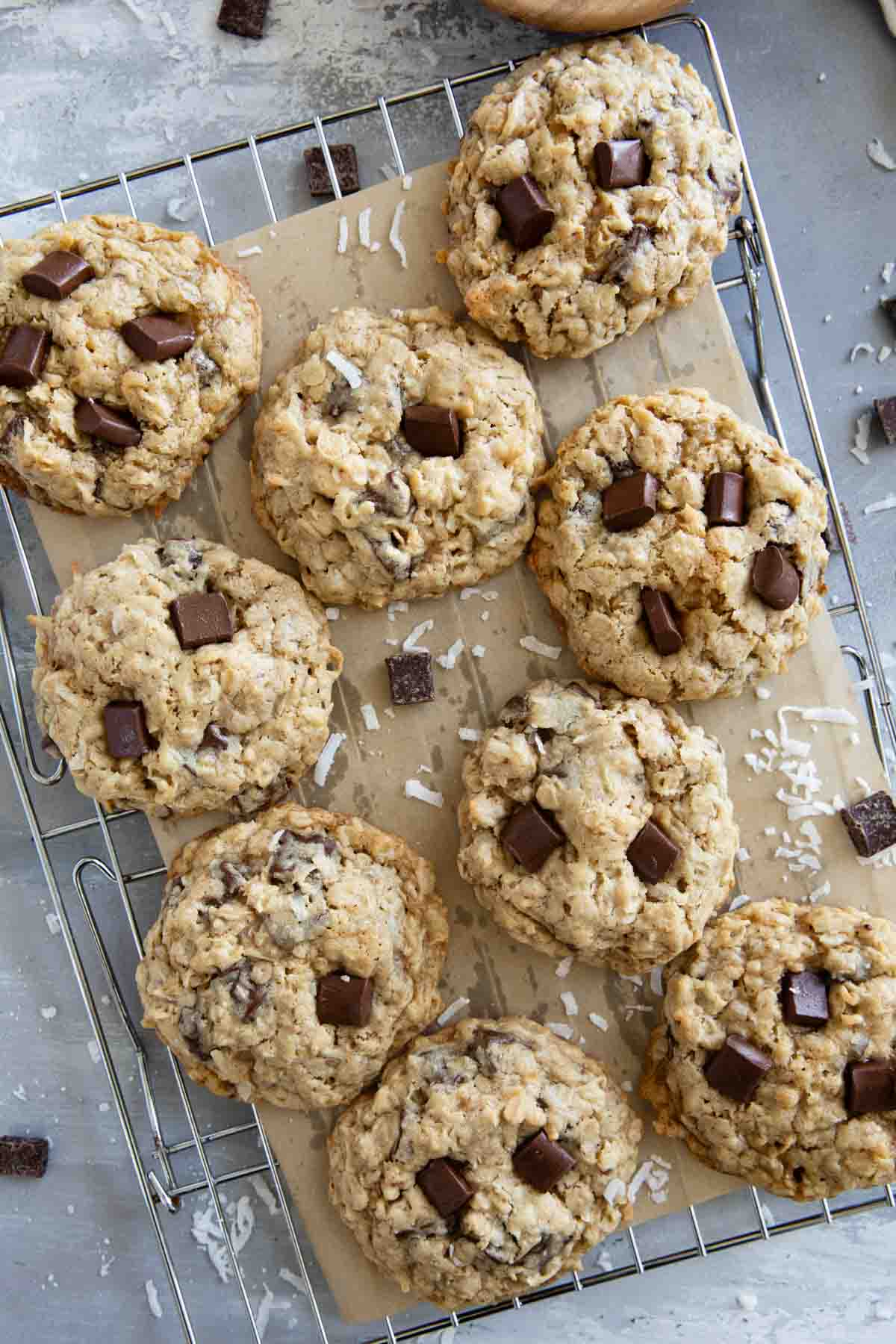 Chocolate Chunk Oatmeal Coconut Cookies on a cooling rack.
