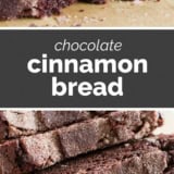 Chocolate Cinnamon Bread collage with text bar in the middle.