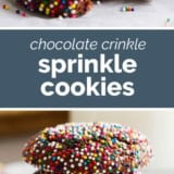 Chocolate Crinkle Sprinkle Cookies collage with text bar in the middle.