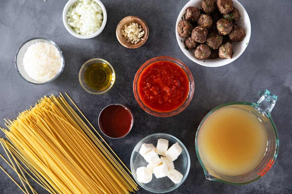 Ingredients for Creamy One Pot Spaghetti with Meatballs.