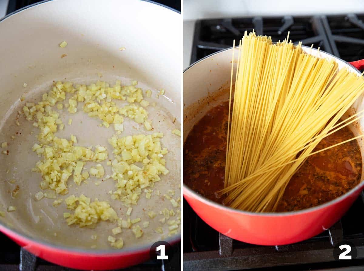 Cooking onions and garlic in a pot, then adding liquid and pasta.