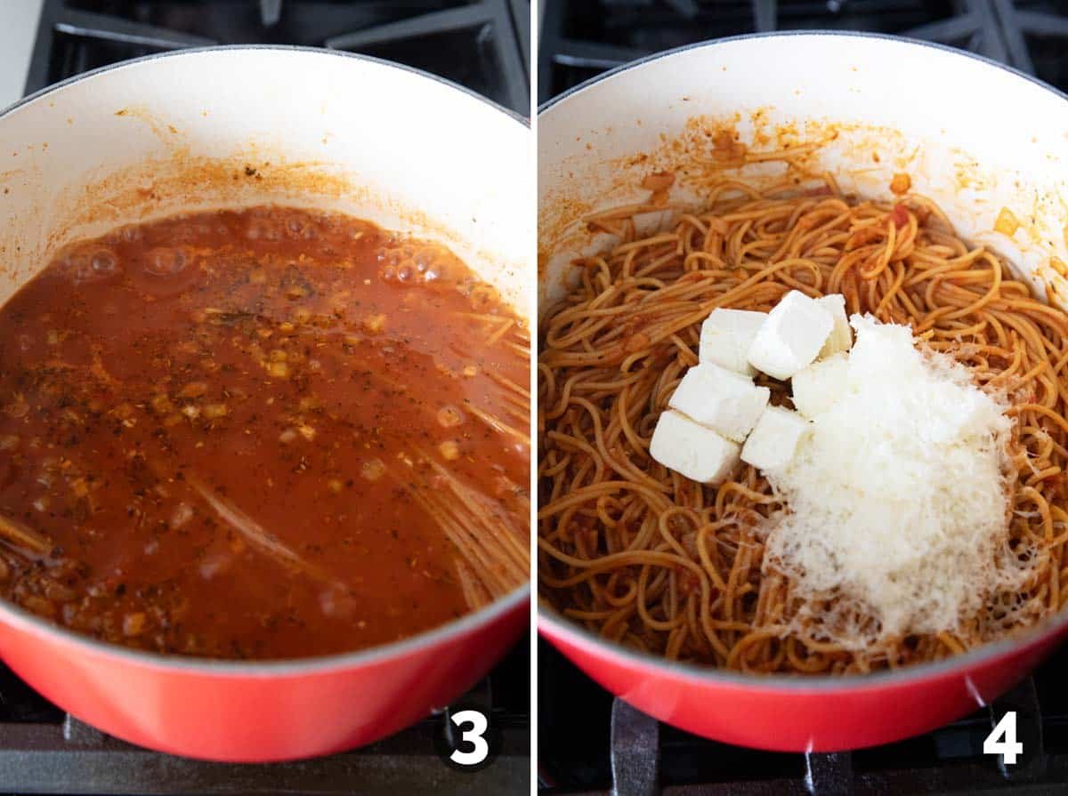 Adding pasta to a Dutch oven, then adding cream cheese and parmesan to cooked pasta.