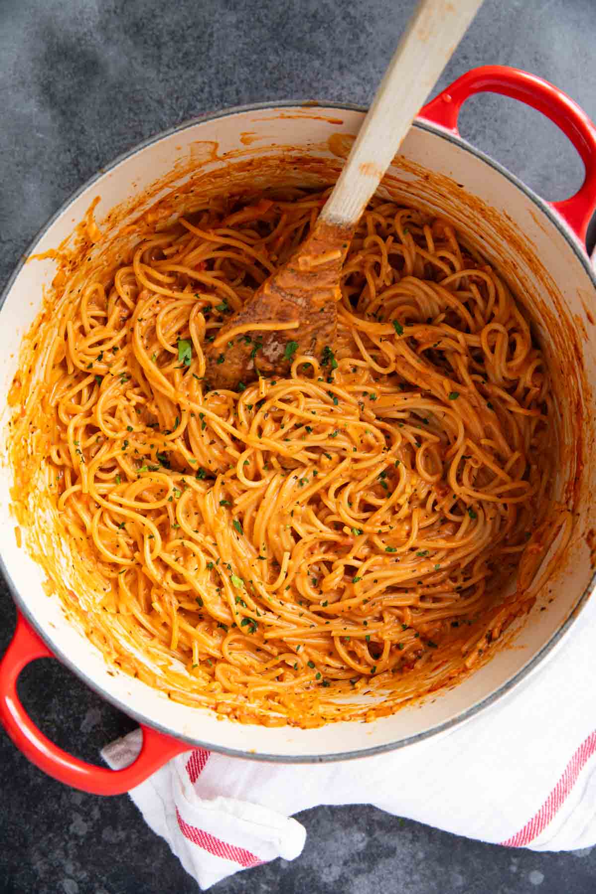 Creamy one pot spaghetti in a large Dutch oven.