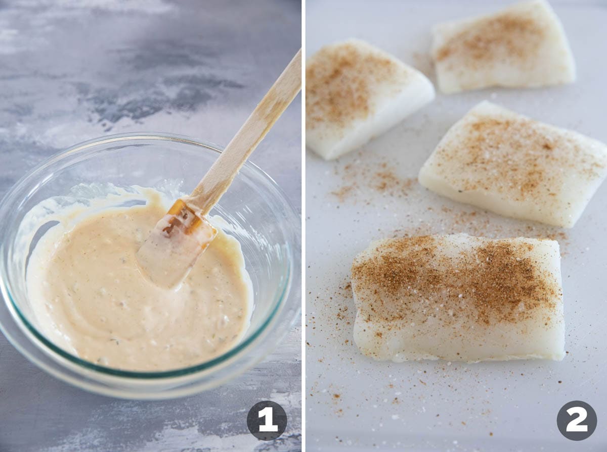 Making wasabi tartar sauce, and seasoning pieces of fish.