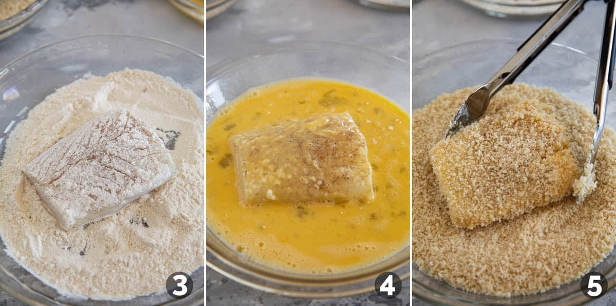 Coating pieces of fish in coating for crispy fish sandwiches.
