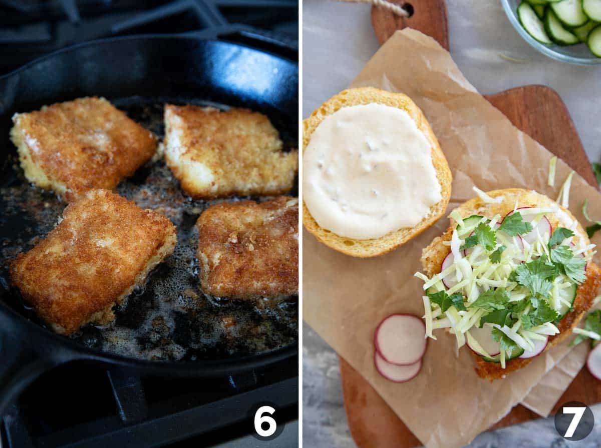 Shallow frying fish and assembling a crispy fish sandwich.