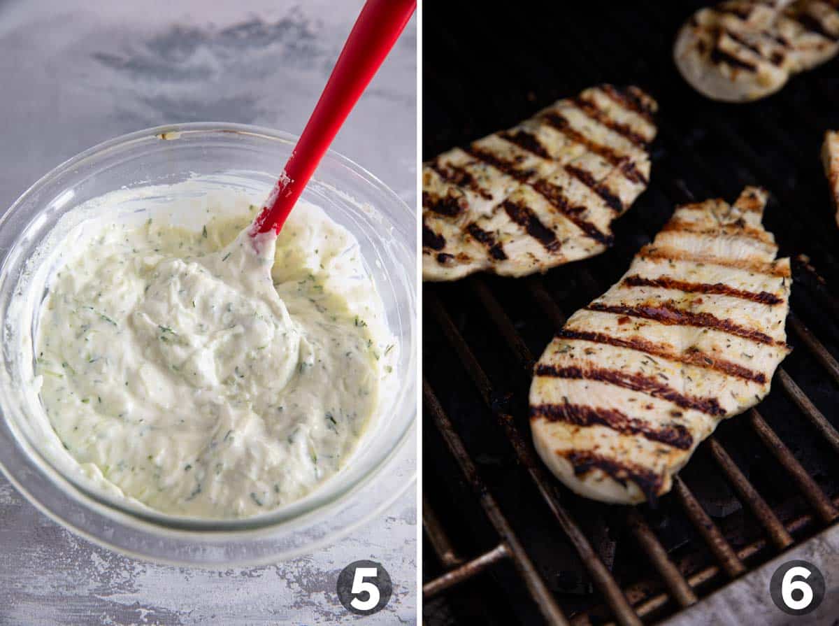 bowl of homemade tzatziki sauce, and grilling chicken on a grill.