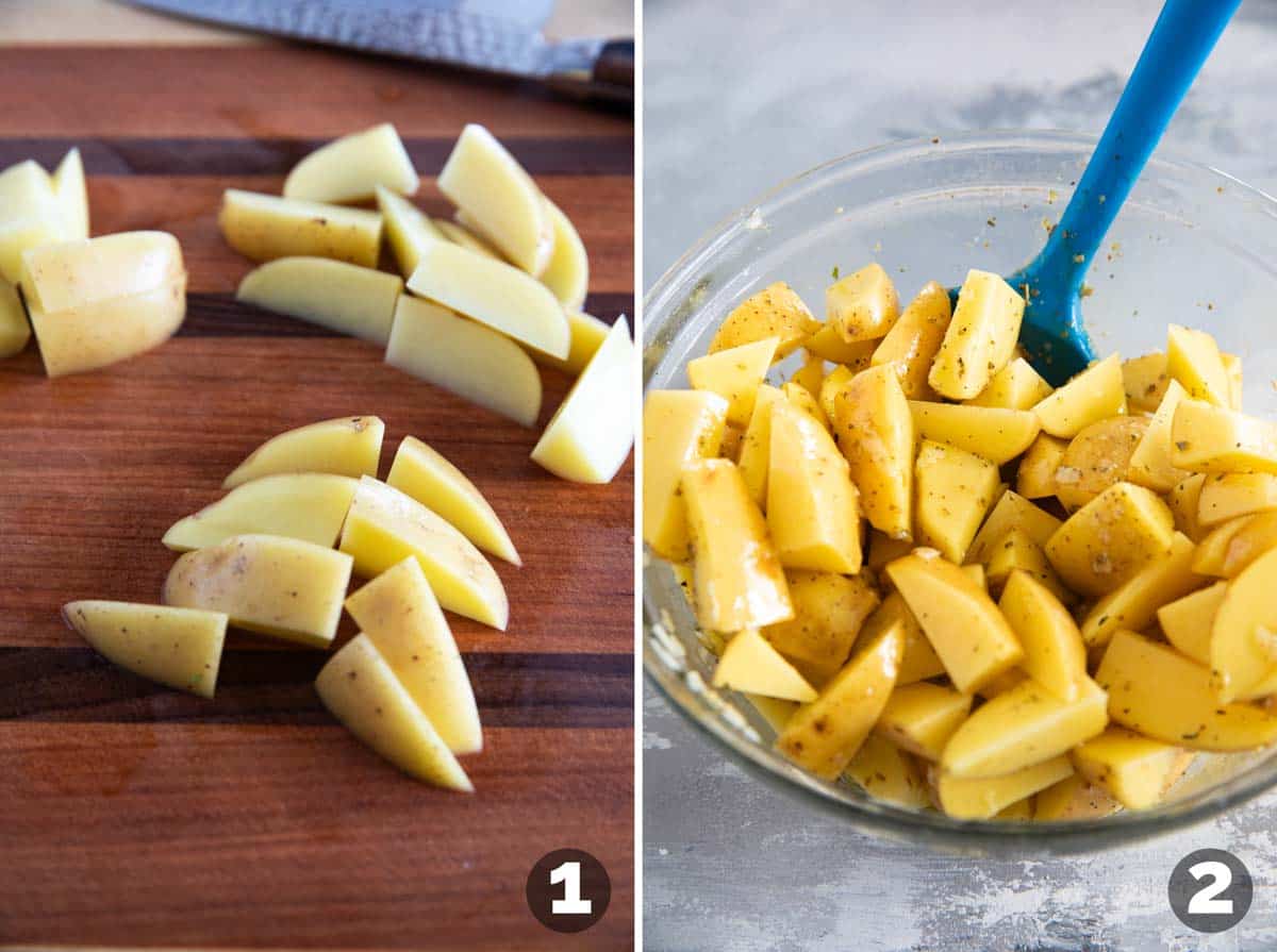 Cutting potatoes into wedges and adding olive oil, lemon juice, and spices.