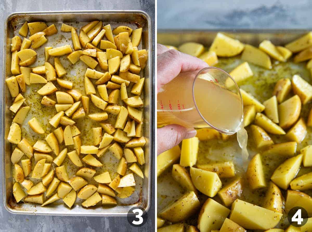 Layering potatoes on a baking sheet and adding broth to make Greek Lemon Potatoes.