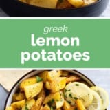 Greek Lemon Potatoes collage with text bar in the middle.