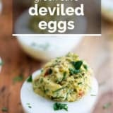 Green Olive Deviled Eggs with text overlay.