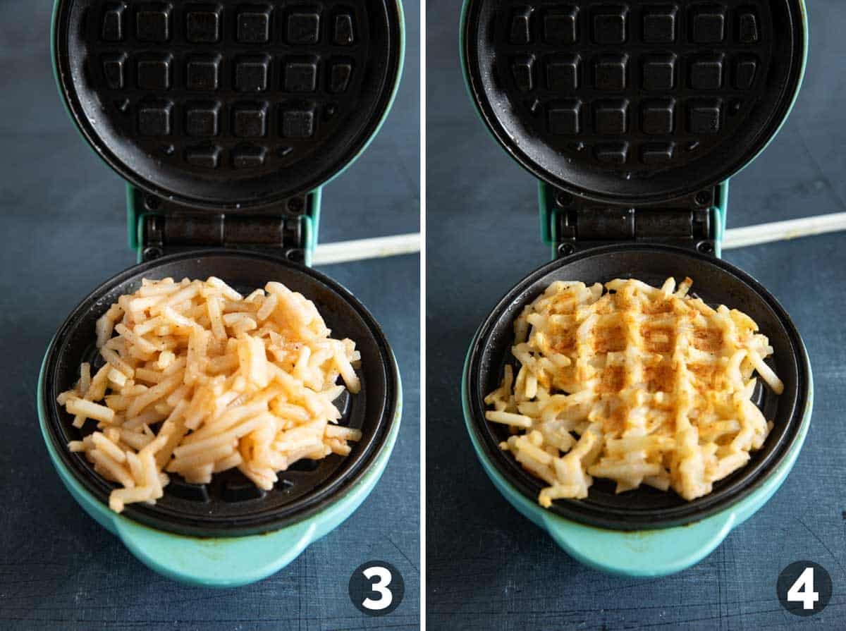 Adding hash brown mixture to a waffle maker and cooking into hash brown waffles.