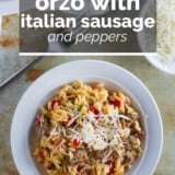 Orzo with Italian Sausage and Peppers with text overlay.