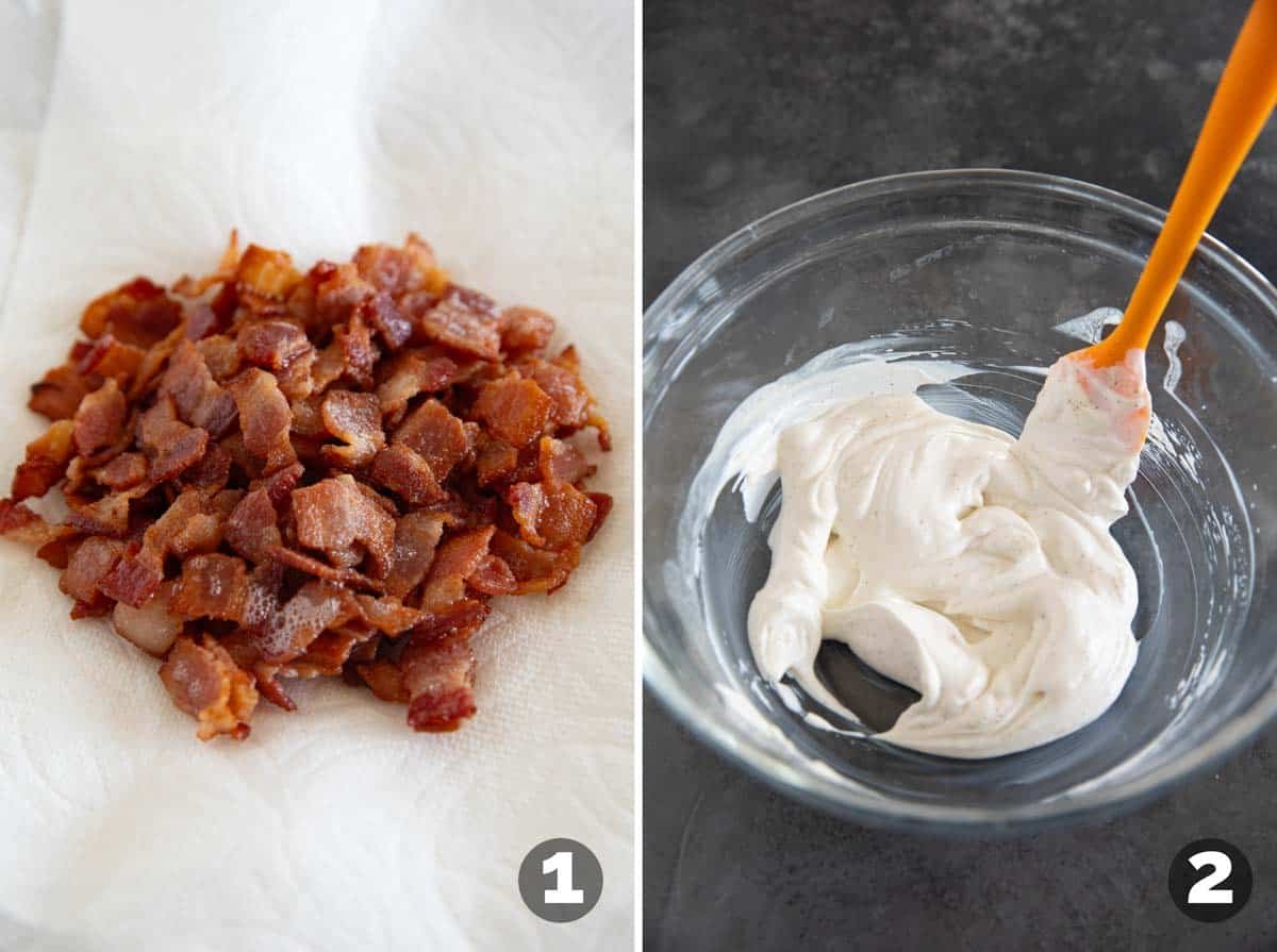 Cooking bacon and mixing together ingredients for dressing for pea salad.