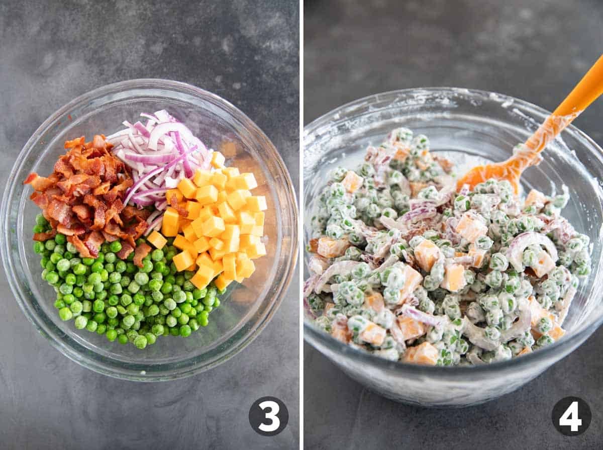 Adding pea salad ingredients to a bowl and mixing together.