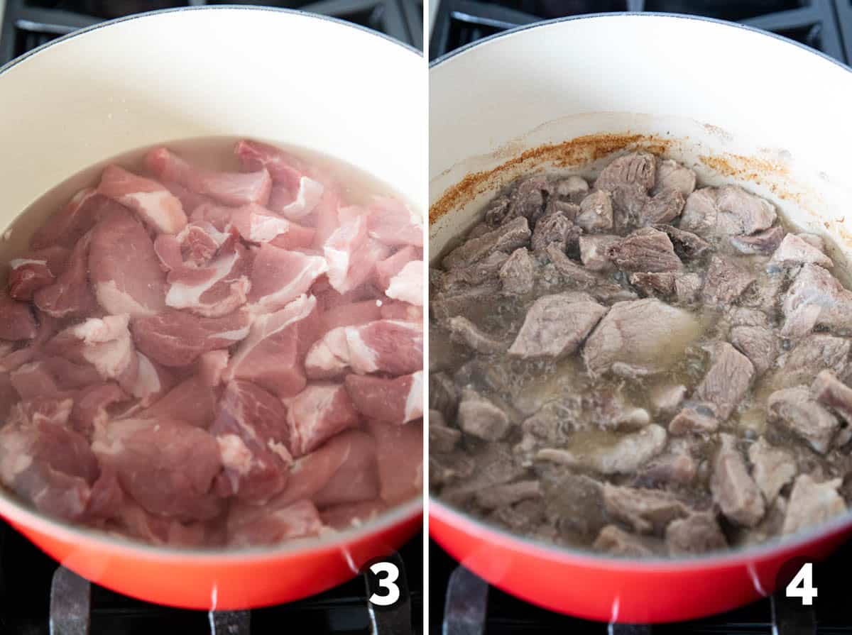 Cooking pork in water for Pork Carnitas.