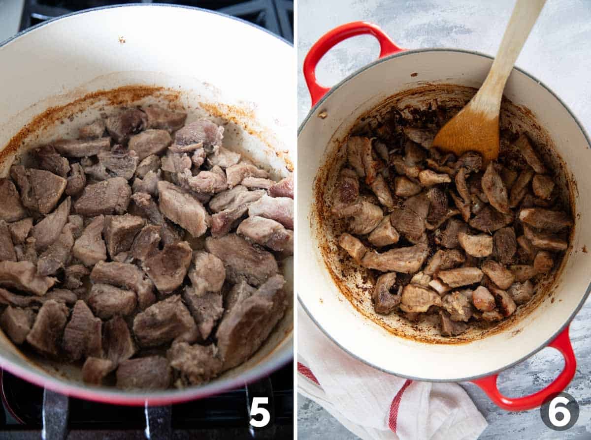 Cooking pork carnitas in a Dutch oven.