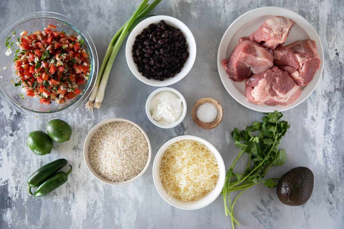 Ingredients for Pork Carnitas Burrito Bowl.