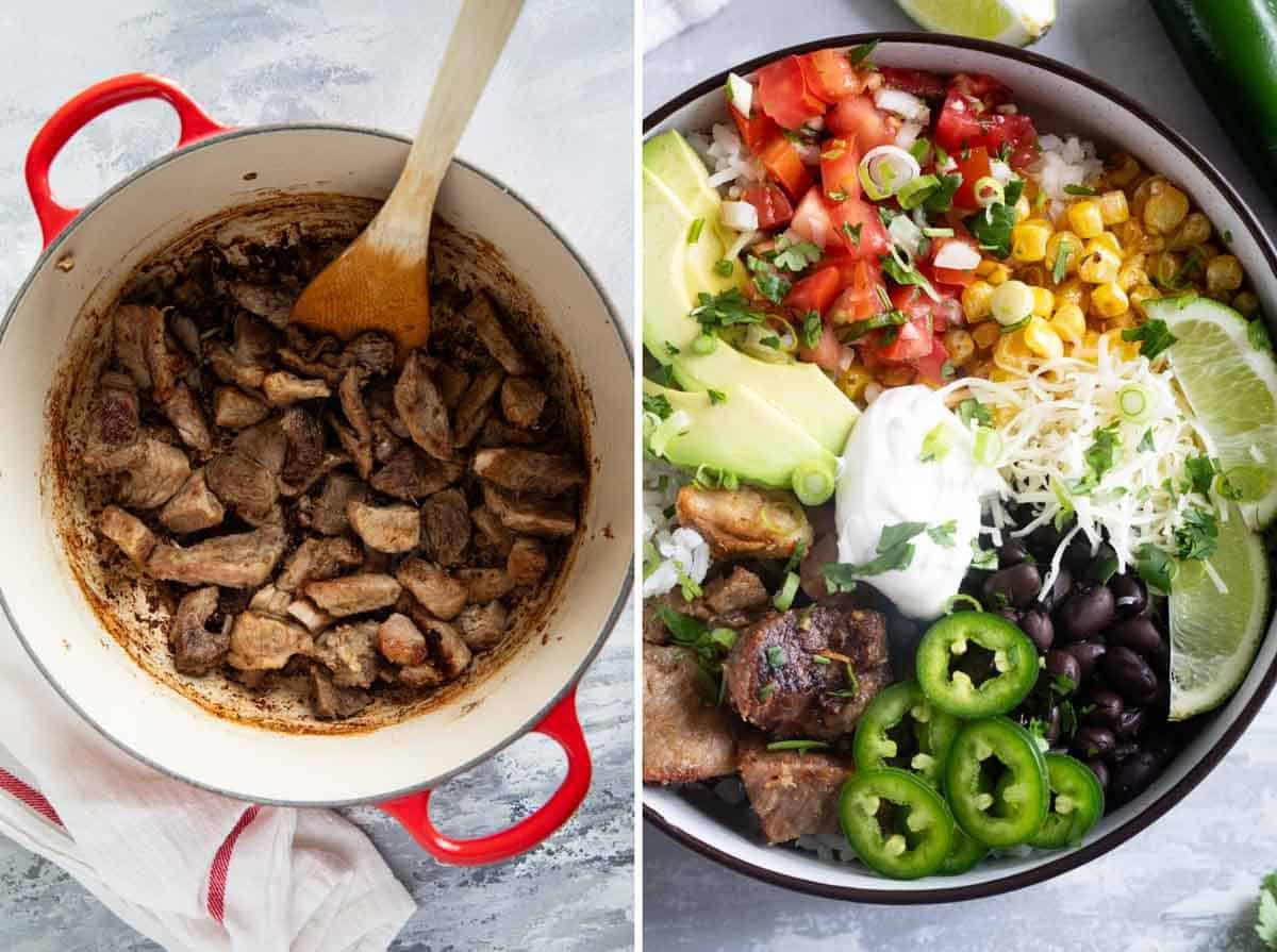 Making pork carnitas, and assembling a pork carnitas burrito bowl.