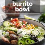 Pork Carnitas Burrito Bowl with text overlay.