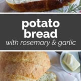 Potato Bread with Rosemary and Garlic collage with text bar in the middle.