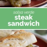 Salsa Verde Steak Sandwiches collage with text bar in the middle.