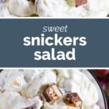 Snickers Salad collage with text bar in the middle.